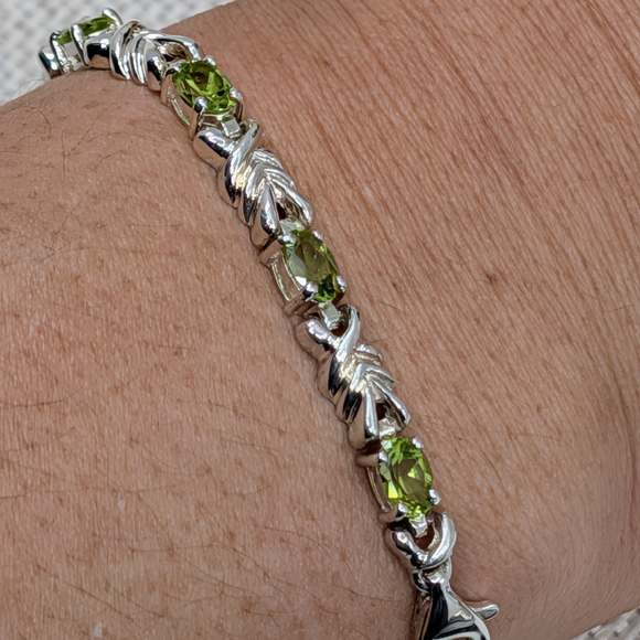 Vintage 925 Sterling Silver Peridot Leaf Link Bracelet 7 ½ in – Heavy 14 g - Picture 4 of 16